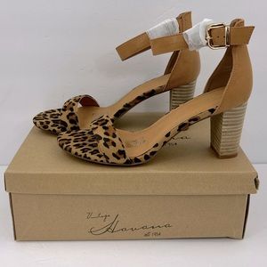 VINTAGE HAVANA,BEIGE & COFFEE LEOPARD PRINT OPEN TOE MIDTOP, ANKLE LOOP W/BUCKLE